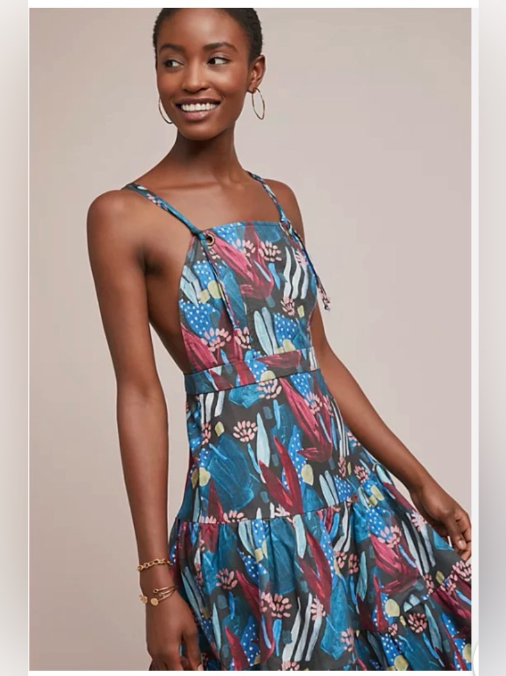 Eva Franco Tiered Tie Shoulder Midi Dress Featuring Vibrant Painterly Leaf Motif